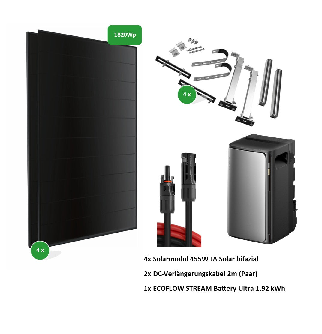 Balkonkraftwerk | 4x Module | Halterung für Balkon | 1,92 kWh Speicher