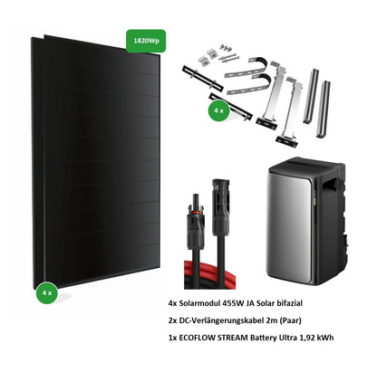Balkonkraftwerk | 4x Module | Halterung für Balkon | 1,92 kWh Speicher