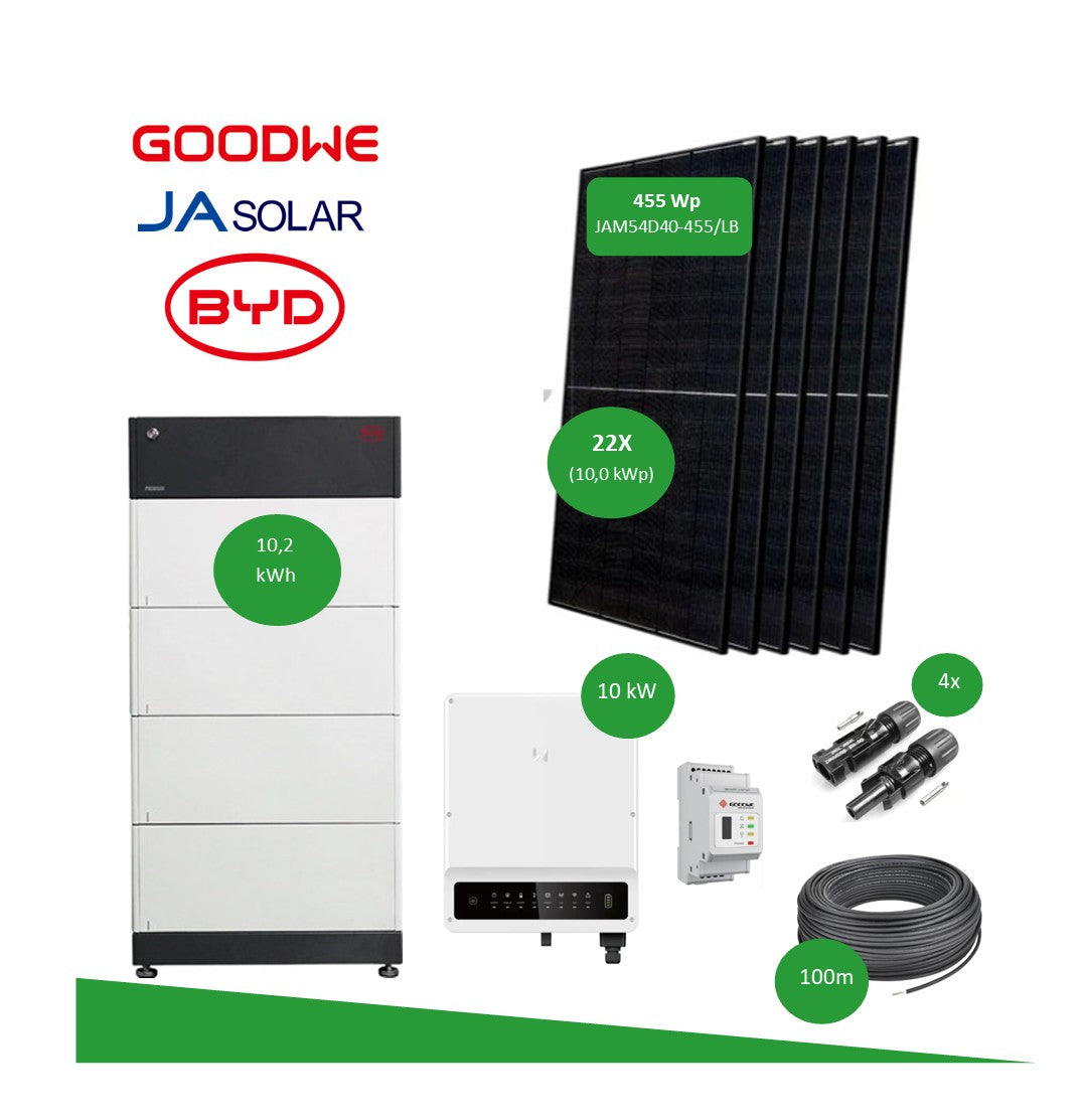 PV-Komplettset 10.0 kWp | 22x JA Solar 455 Wp | GOODWE 10.0 | BYD B-Box HVS 10.2